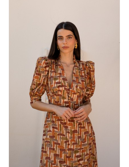 Midi dress with geometric print and V-neckline