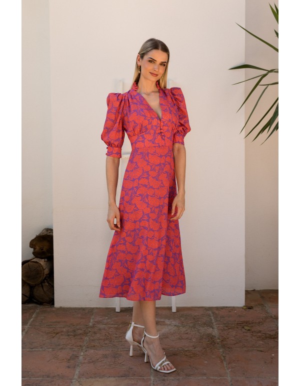 Vestido midi estampado con escote en V y mangas abullonadas