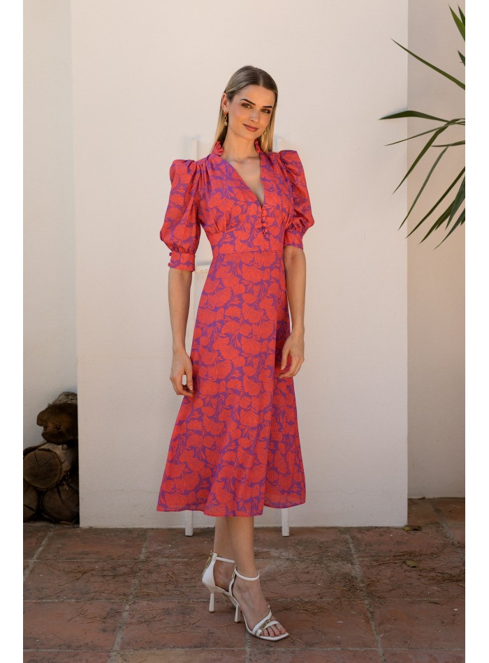 Vestido midi estampado con escote en V y mangas abullonadas