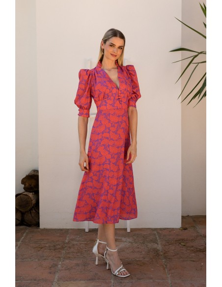 Robe midi imprimée avec encolure en V et manches bouffantes