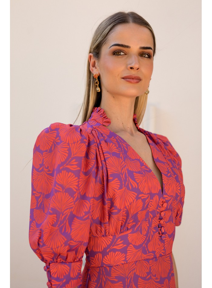 Printed midi dress with V-neckline and puffed...