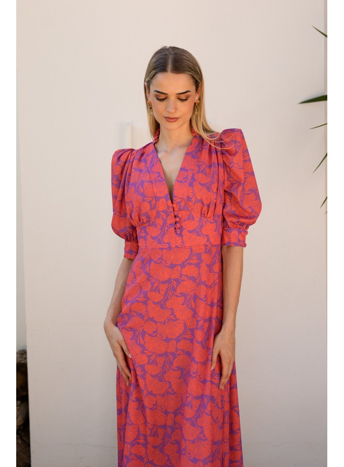 Robe midi imprimée avec encolure en V et...