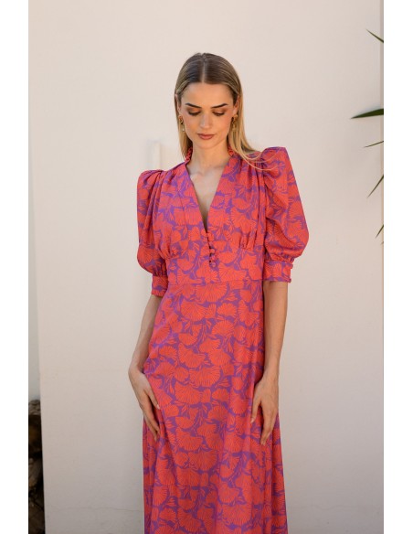 Vestido midi estampado con escote en V y mangas abullonadas en coral y lila