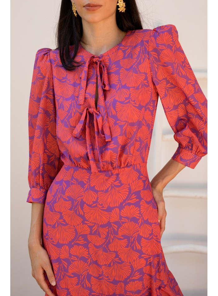 Robe midi imprimée avec épaulettes et encolure...