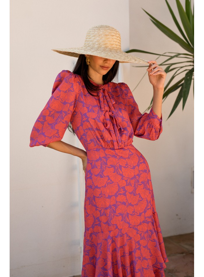 Printed midi dress with shoulder pads and round...