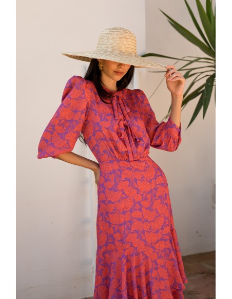 Printed midi dress with shoulder pads and round neckline