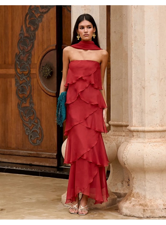 Long strapless gauze layered strapless dress...