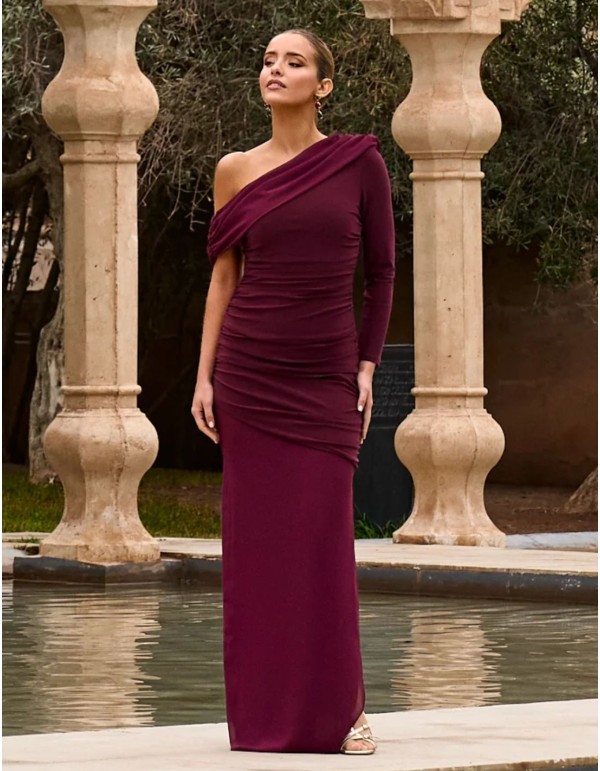 Robe d'invité longue à encolure bardot asymétrique de...