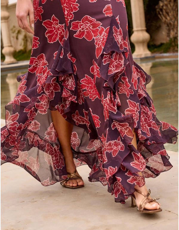 Asymmetrical midi skirt with floral print in eggplant color 2