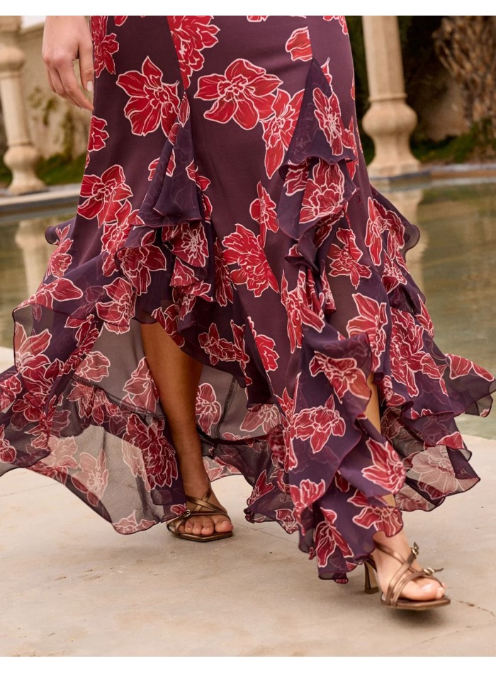 Falda midi asimétrica en tejido satinado con estampado floral