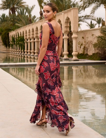 Falda midi en color berenjena con estampado de flores