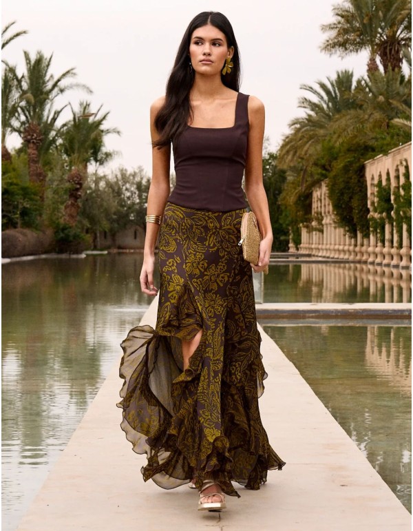 Jupe midi asymétrique à imprimé floral et coupe asymétrique