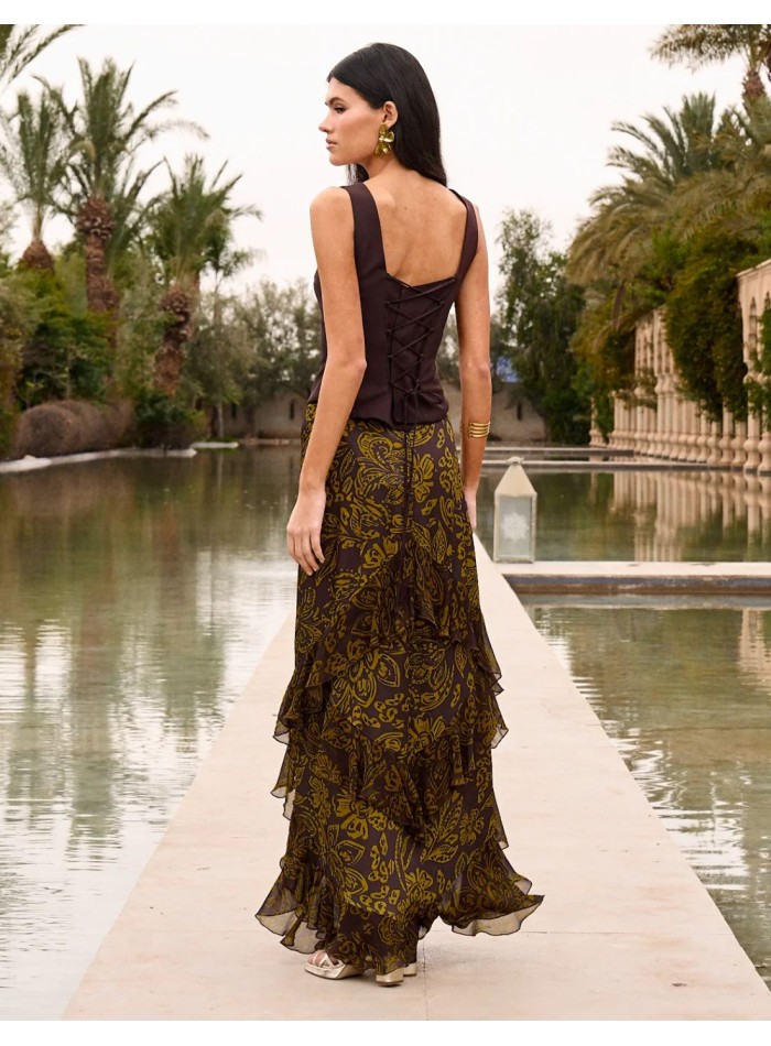 Floral print asymmetrical midi guest skirt