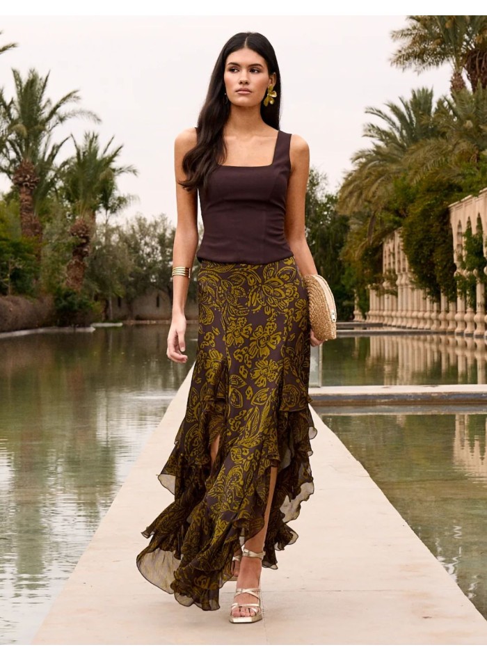 Jupe midi asymétrique à imprimé floral et coupe...