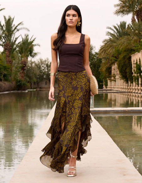 Jupe midi asymétrique à imprimé floral et coupe asymétrique