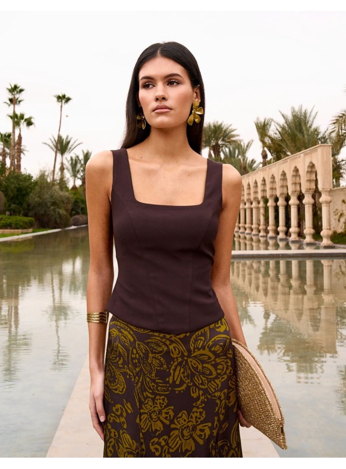 Brown crepe top with square neckline and...