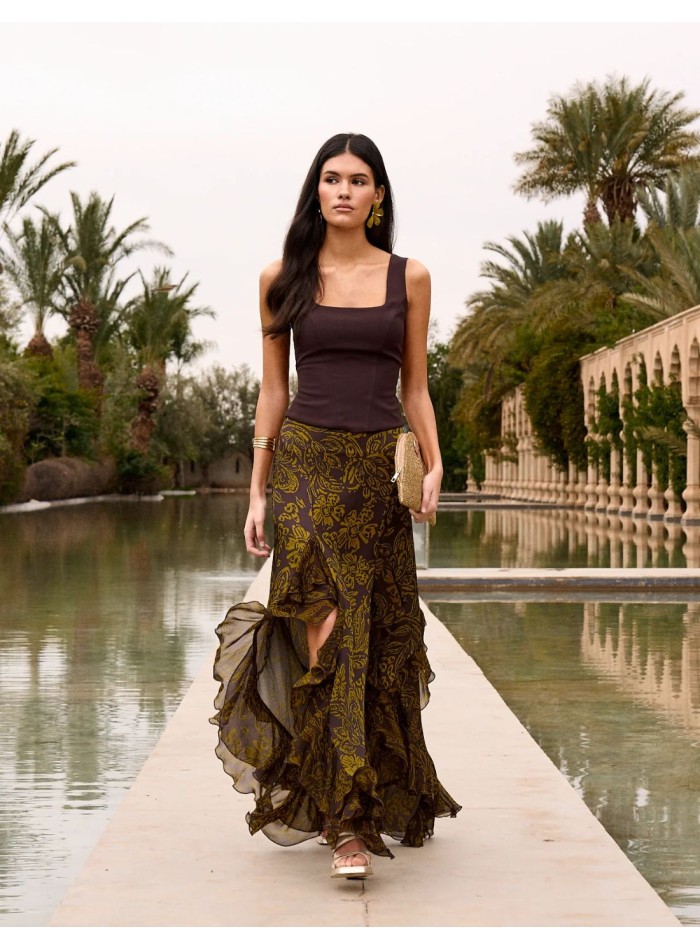 Brown crepe top with square neckline and...