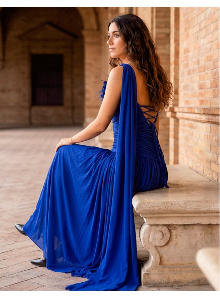 Klein Blue Long Dress with Removable Flower and...