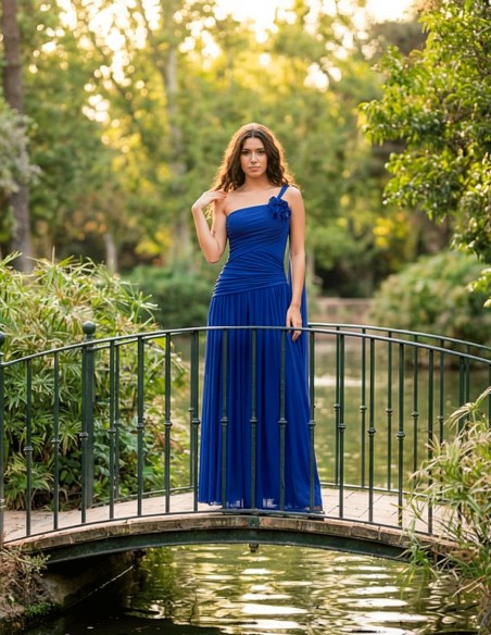 Klein Blue Long Dress with Removable Flower and Adjustable Back