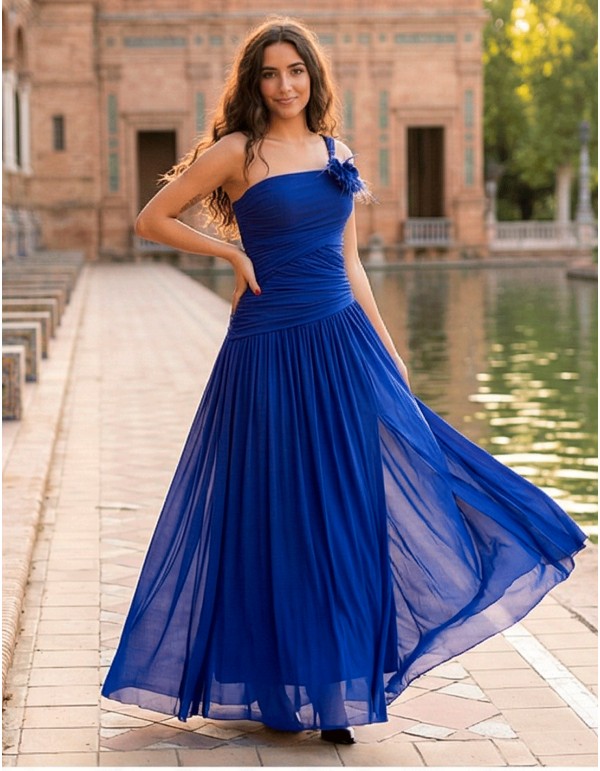 Vestido Largo Azul Klein con Flor Extraíble y Espalda Ajustable