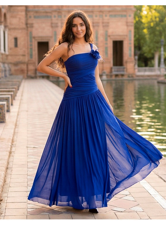 Klein Blue Long Dress with Removable Flower and Adjustable Back