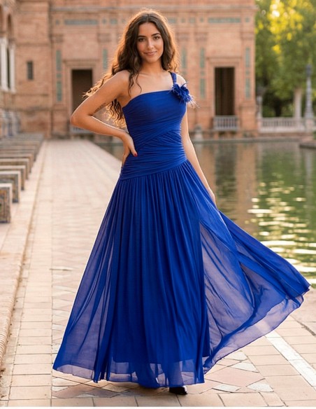 Klein Blue Long Dress with Removable Flower and Adjustable Back