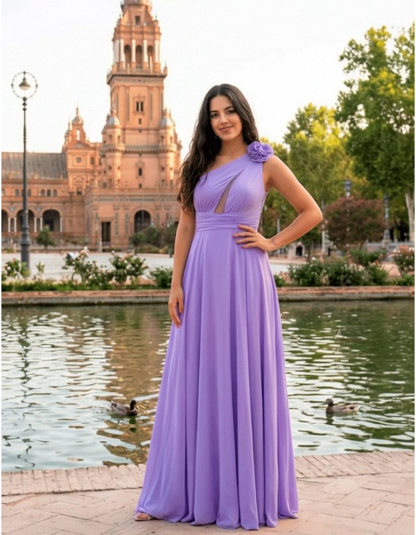 Robe de soirée longue à encolure asymétrique et dos croisé, de couleur lilas 2