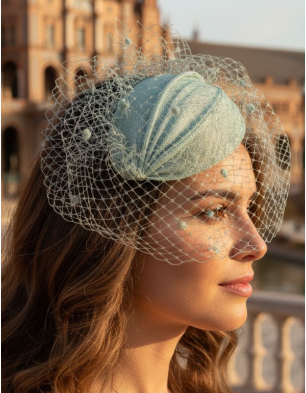 Water green guest headdress with lattice veil 2