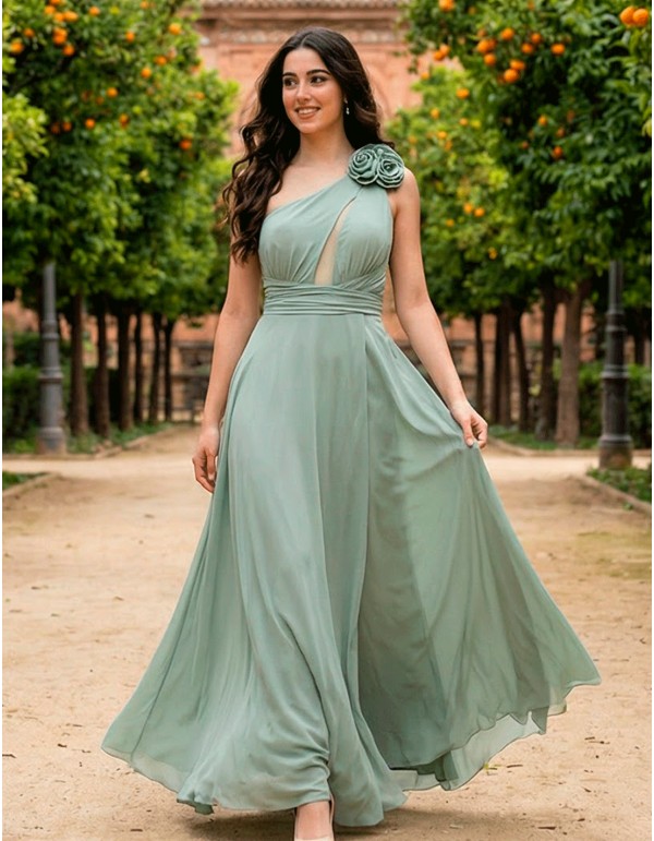 Pastel Green Long Party Dress with Asymmetrical Neckline and Crossed Back