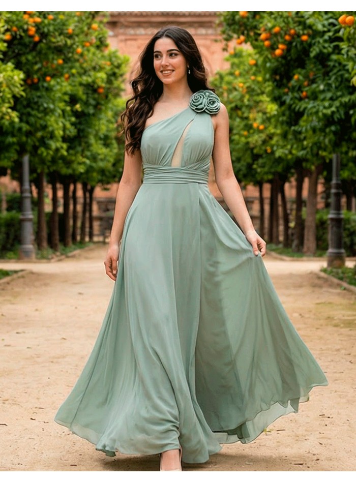 Robe longue de fête vert pastel avec encolure asymétrique et dos croisé
