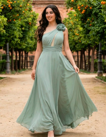 Pastel Green Long Party Dress with Asymmetrical Neckline and Crossed Back