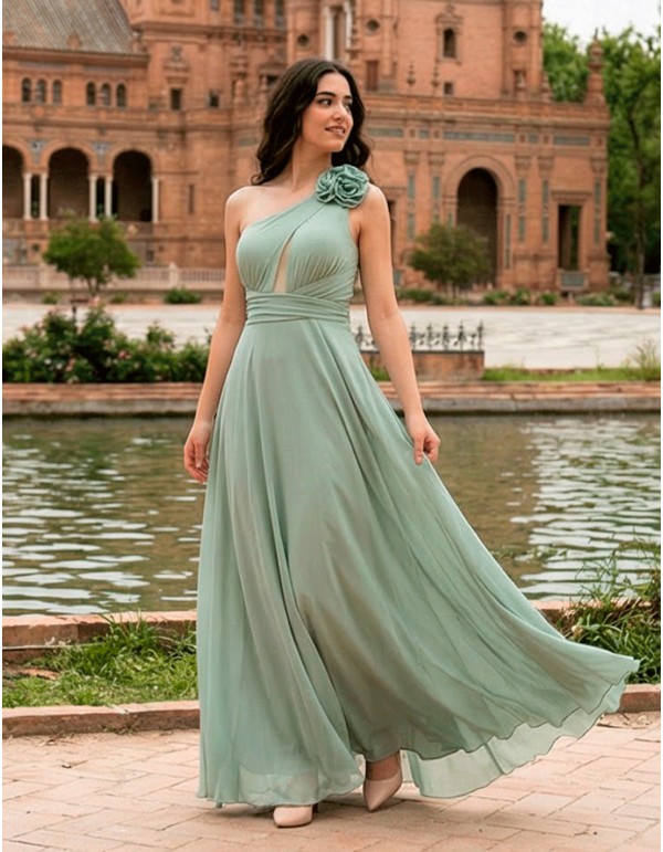 Vestido de Fiesta Largo Verde Pastel con Escote Asimétrico y Espalda Cruzada 2