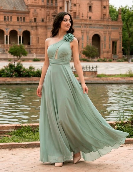 Pastel Green Long Party Dress with Asymmetrical Neckline and Crossed Back