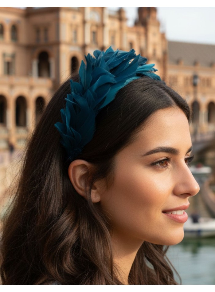 Bandeau de plumes pour invité en bleu canard