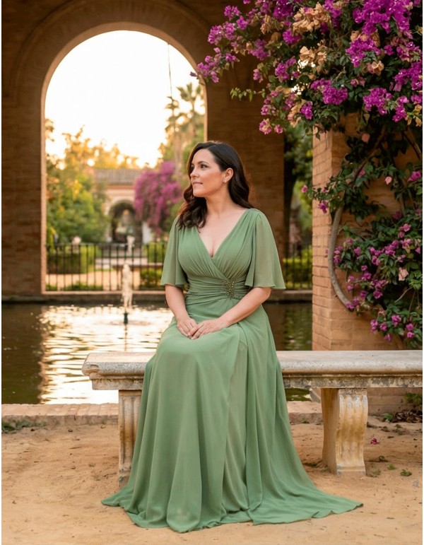 Pastel Green Plus Size Long Dress with Draping and Rhinestones 2