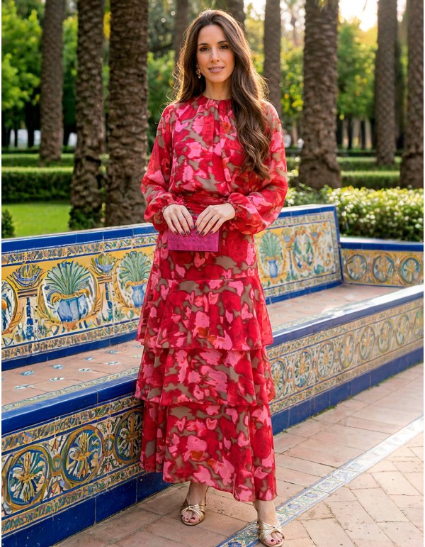 Conjunto Estampado de Falda Midi con Volantes y Blusa en Fucsia y Rojo