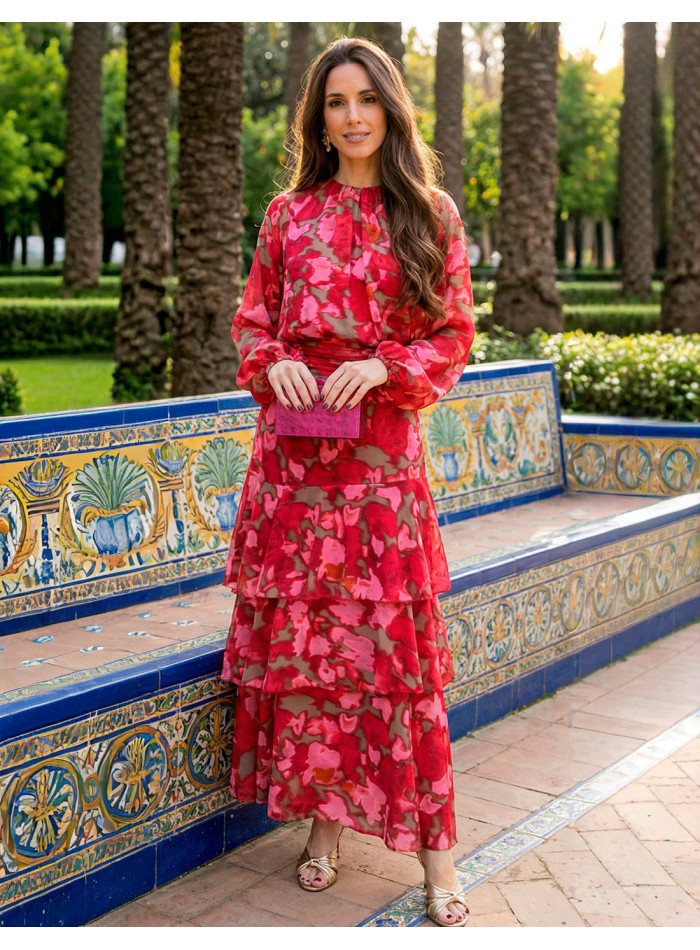 Conjunto Estampado de Falda Midi con Volantes y Blusa en Fucsia y Rojo