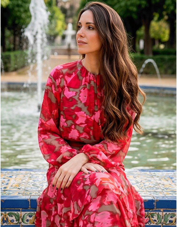 Ensemble imprimé jupe midi et chemisier à volants fuchsia et rouge 2