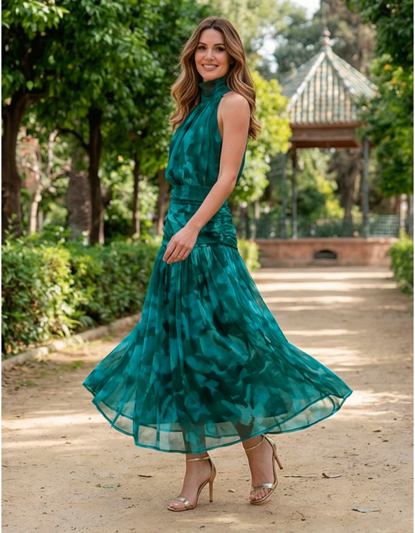 Robe dos nu imprimée verte et bleue avec fronces à la taille