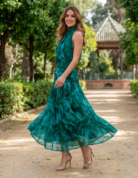 Vestido Halter Estampado Verde y Azul con Cintura Fruncida