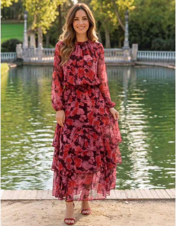 Conjunto Estampado de Falda Midi con Volantes en Tonos Rojos y Morados