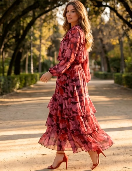 Printed Midi Skirt Set with Ruffles in Shades of Red and Purple