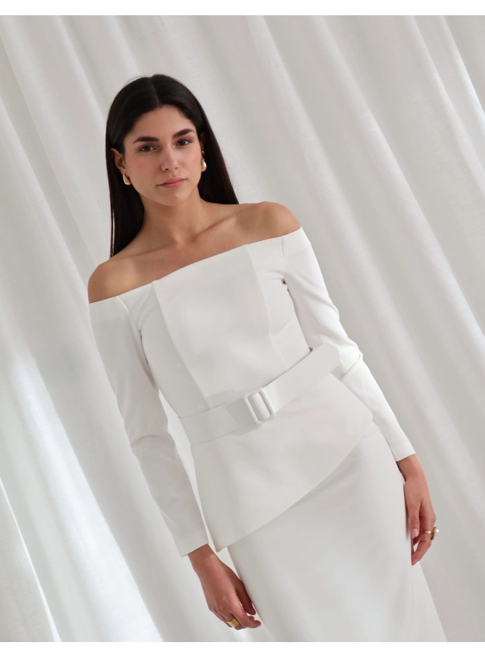Two-piece structured white crepe two-piece set