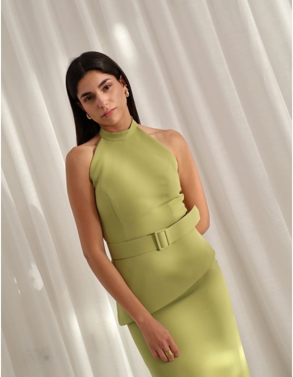 Green two-piece set with halter-neck top and straight skirt 2