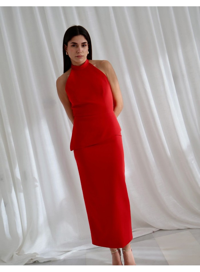 Red two-piece crepe guest ensemble in red