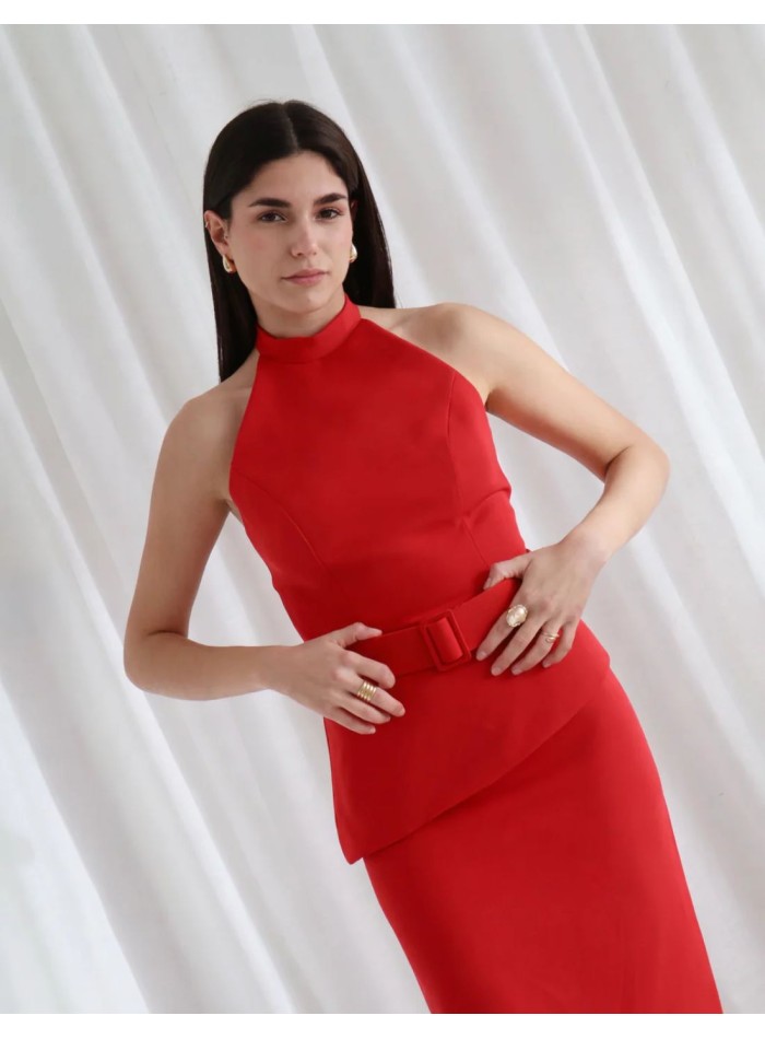 Red two-piece crepe guest ensemble in red