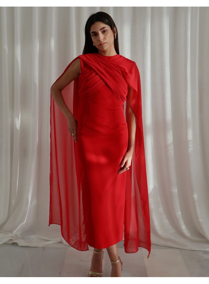 Red midi dress for guest in crepe and crossed...