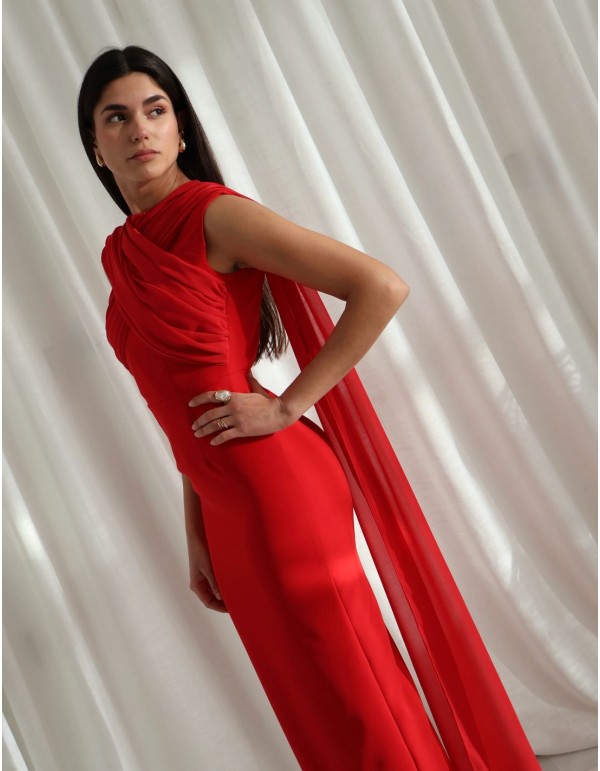 Robe midi rouge en crêpe et mousseline de soie croisée... 2