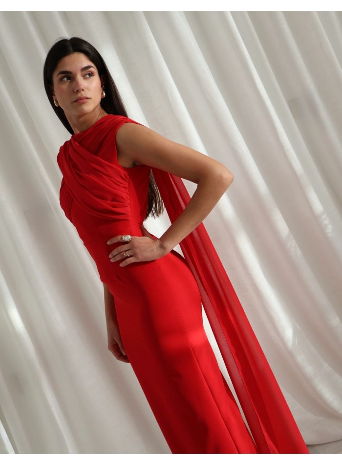 Red midi dress for guest in crepe and crossed...