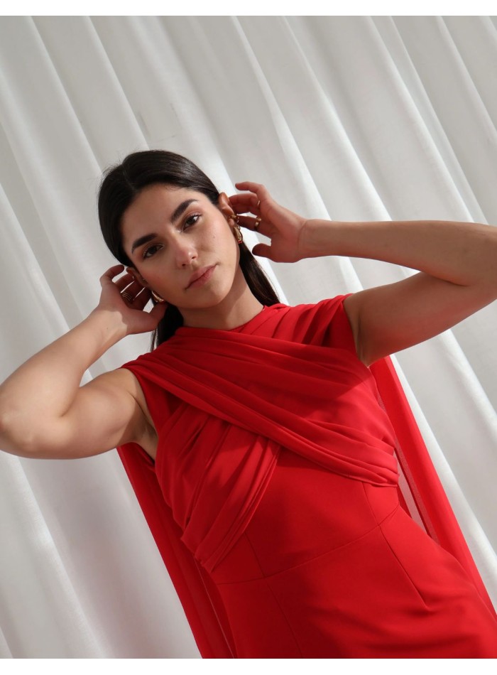 Robe midi rouge en crêpe et mousseline de soie...